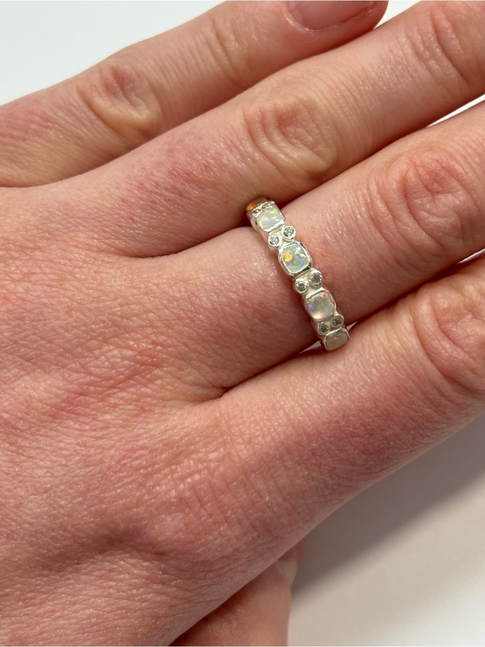 Sterling Silver Opal Band Ring - White Opal Accent